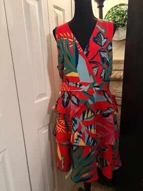 Alex Marie Red Tropical Print V-Neck Mini Dress